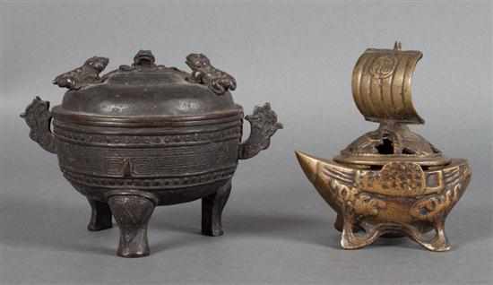 Appraisal: Chinese brass junq-form censer and a bronze censer late th