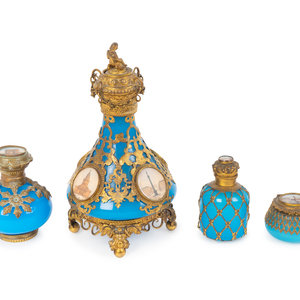 Appraisal: Three French Gilt Bronze Mounted Blue Opaline Glass Scent Bottles