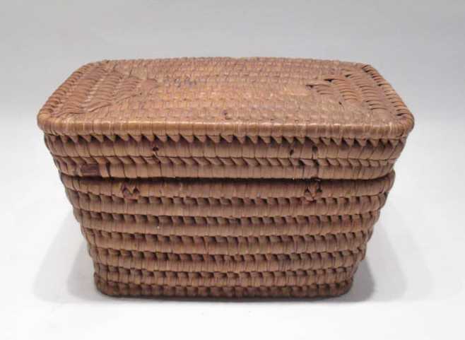 Appraisal: LIDDED COIL BASKET natural color hand made basket with rectangular