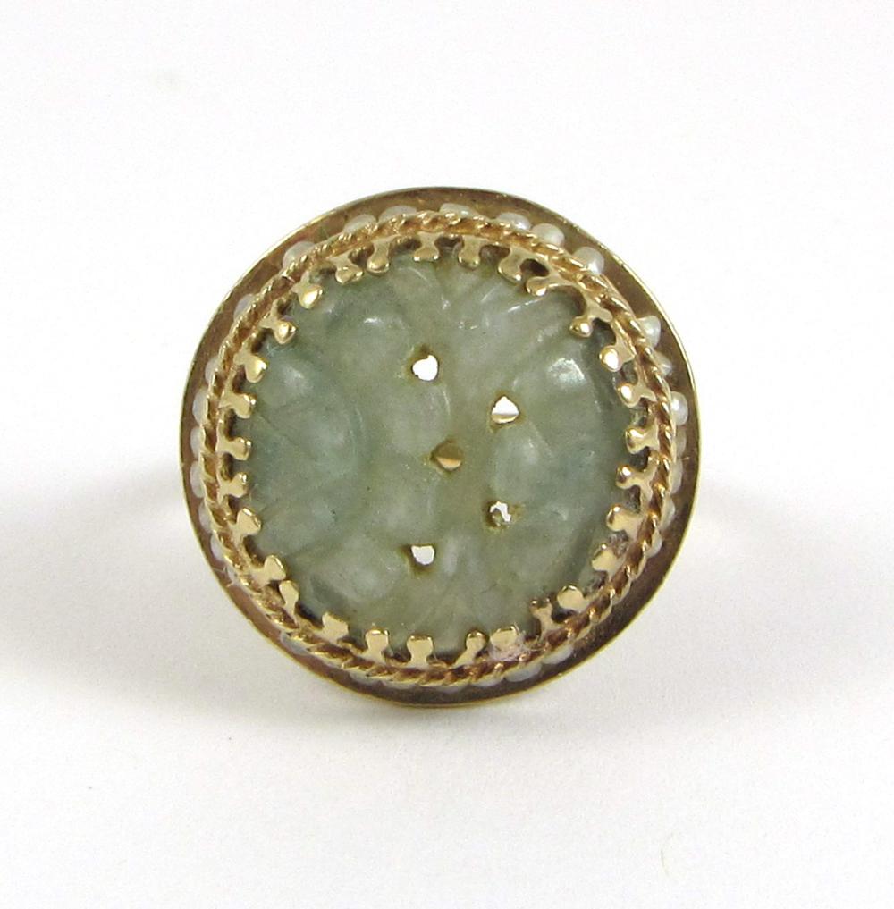 Appraisal: JADE SEED PEARL AND FOURTEEN KARAT GOLD RING with white