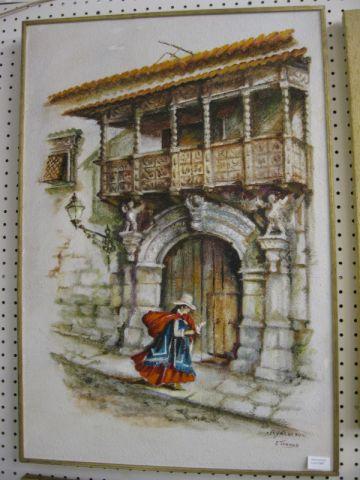 Appraisal: E Tenaud Oil Lady Outside a Residence x signed Ayacucho