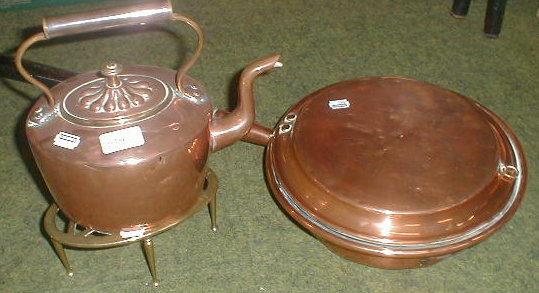 Appraisal: Copper kettle brass trivet and a copper warming pan