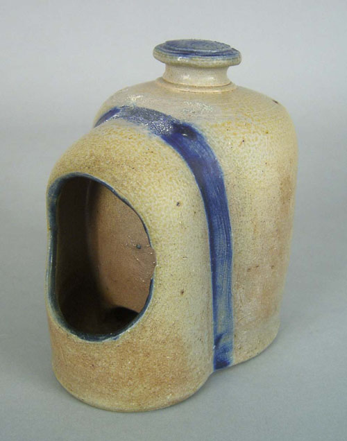 Appraisal: Stoneware chicken feeder th c with cobalt band accents h