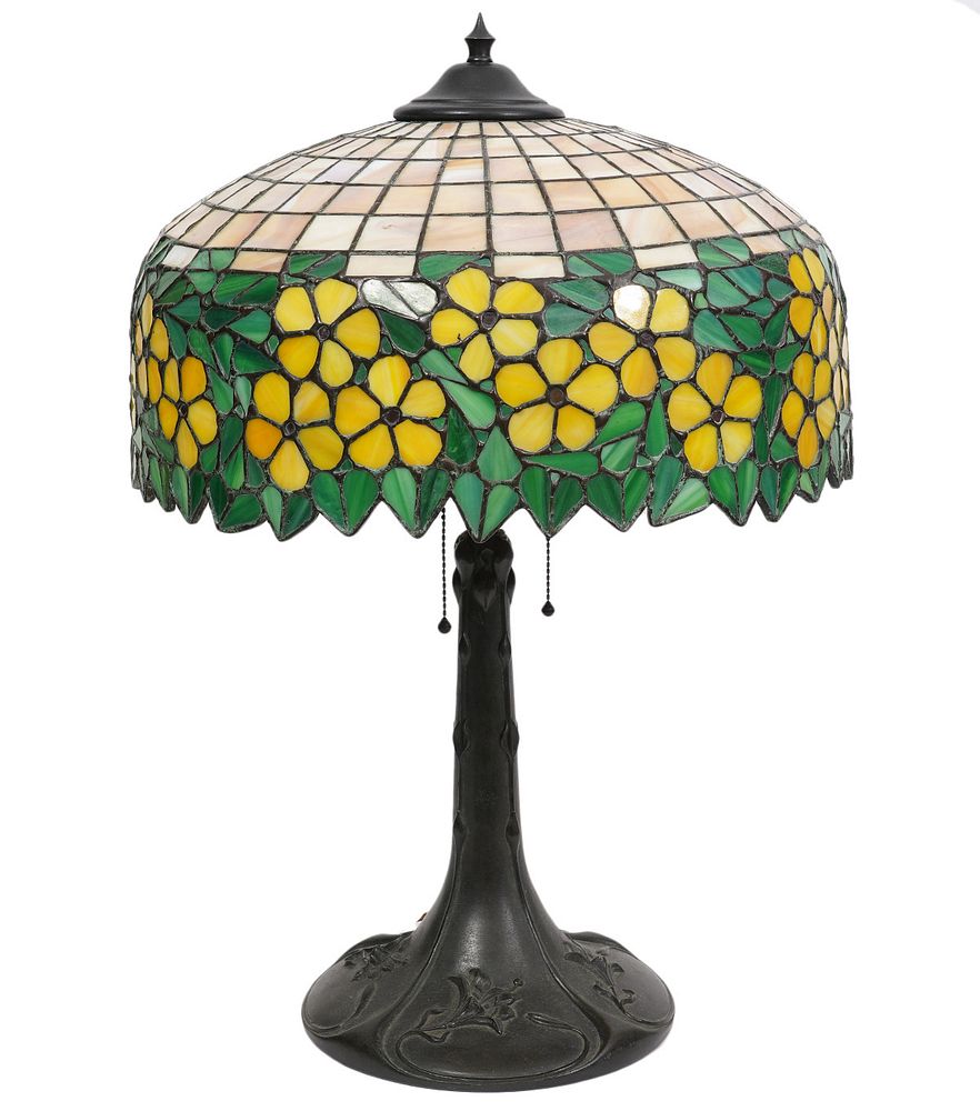 Appraisal: American Glass and Bronze Table Lamp American leaded glass lamp