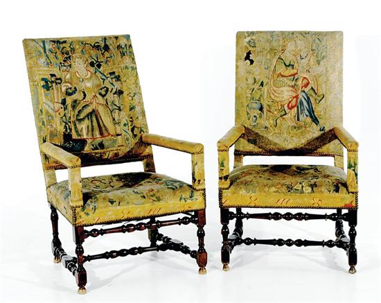 Appraisal: Two Charles II style tapestry open armchairs th th century