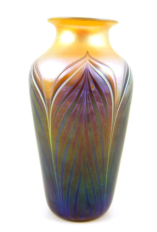 Appraisal: Orient Flume gold iriscene art glass vase c rose-gold iridescent