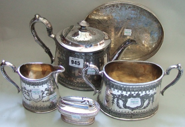 Appraisal: A plated three piece tea set comprising a teapot a