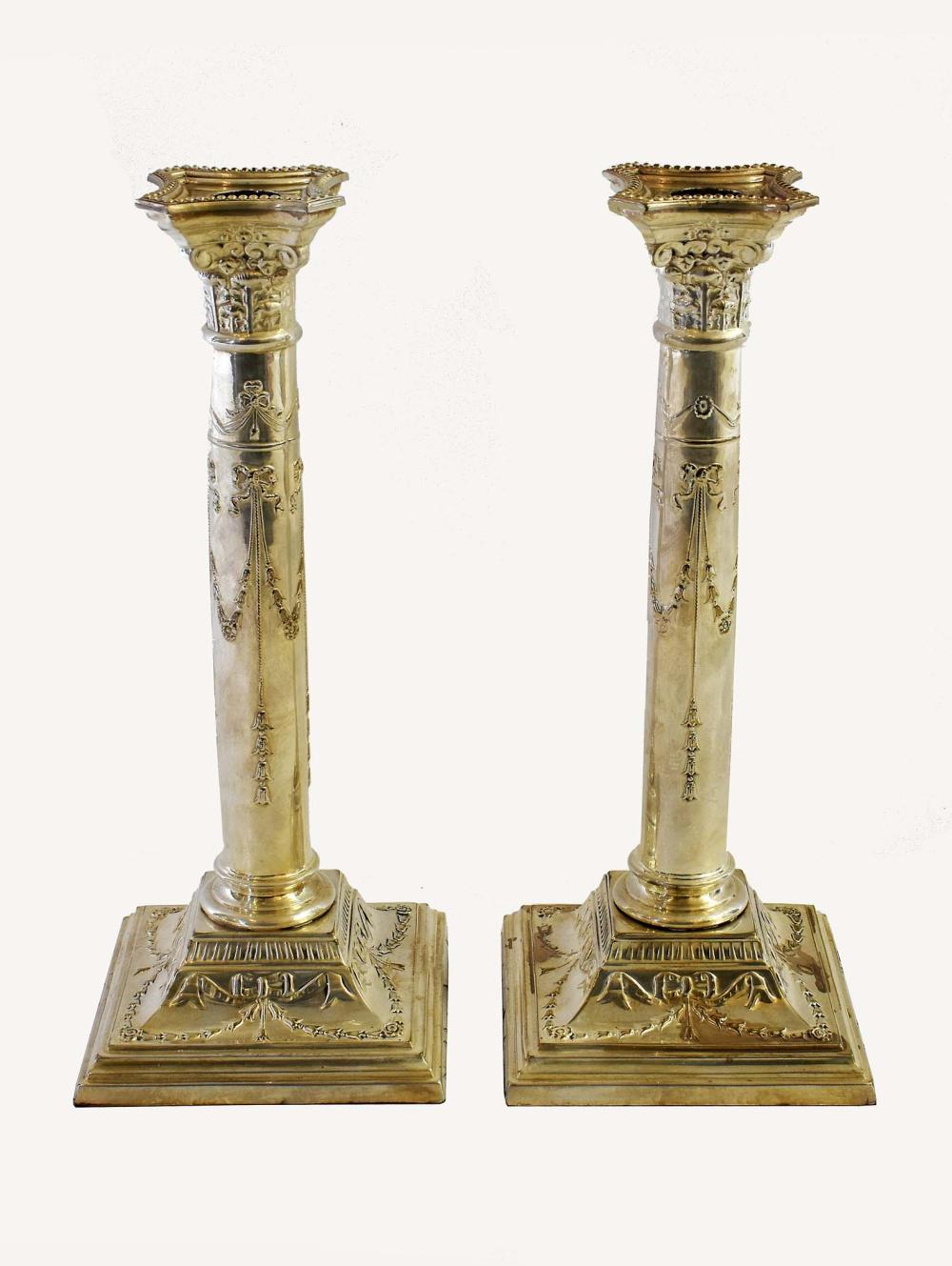 Appraisal: PAIR CONTINENTAL NEOCLASSICAL SILVER PLATE CANDLESTICKSLate th early th Century