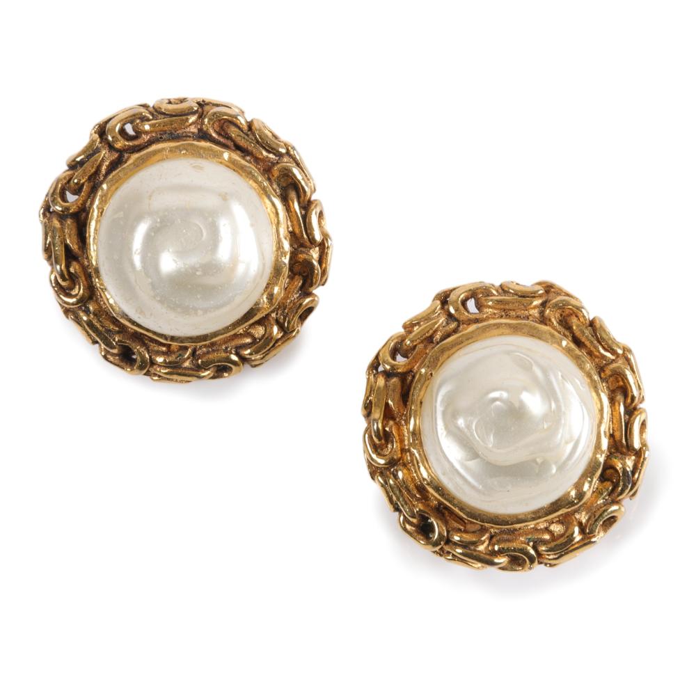 Appraisal: Vintage Chanel button earrings with textured faux pearl in antique