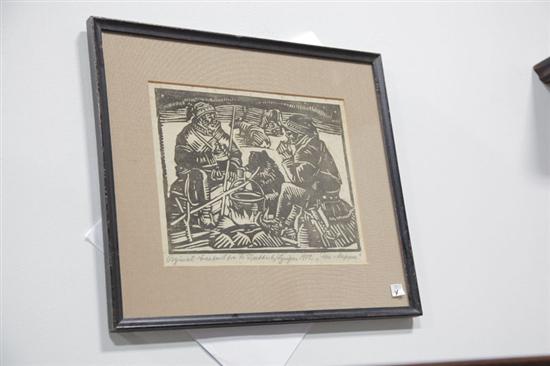 Appraisal: WOODBLOCK PRINT Depicting Scandinavian reindeer herders likely Finnish Lappland Dated