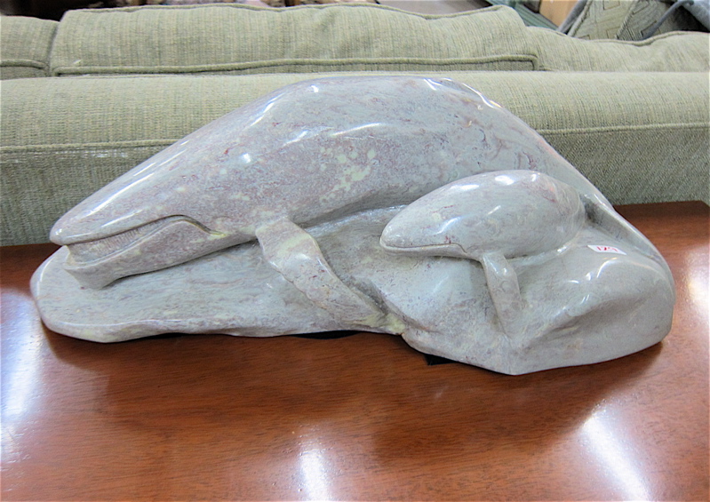 Appraisal: HARDSTONE MARINE WILDLIFE SCULPTURE depicting a humpback whale and calf