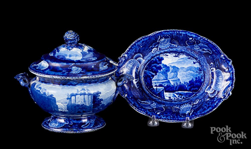 Appraisal: Historical blue Staffordshire tureen and undertra Historical blue Staffordshire Passaic