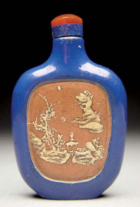 Appraisal: ANTIQUE YIXING SNUFF BOTTLE Antique Yixing pottery snuff bottle of