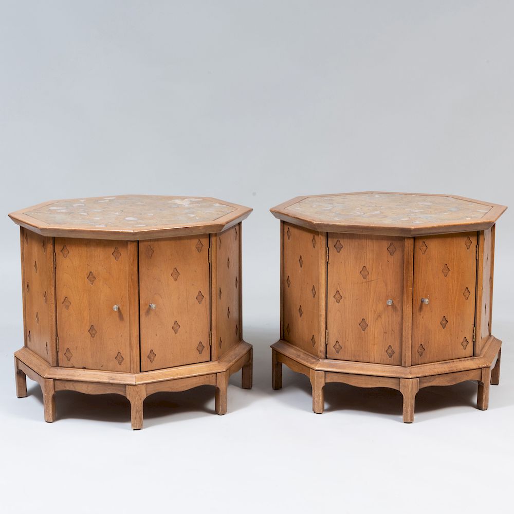 Appraisal: Pair of Octagonal Oak End Tables with Scagliola Marble Tops