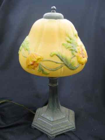 Appraisal: Reverse Painted Glass Lamp bronzed base puffy floral '' shade