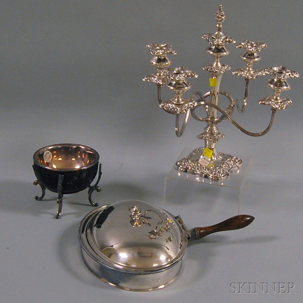 Appraisal: Three Pieces of Silver-plated Tableware a Van Berch five-light candelabra