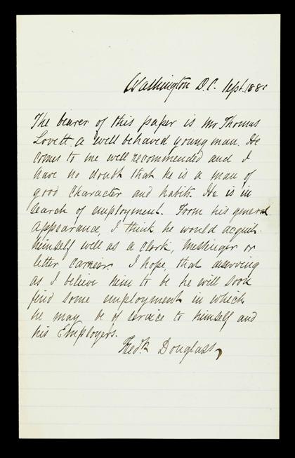 Appraisal: piece Autograph Letter Signed Douglass Frederick Washington Sept p vo