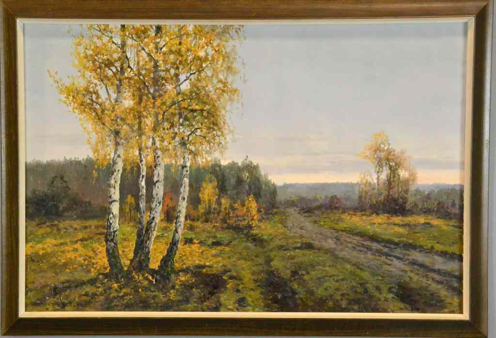 Appraisal: Wiktor Korecki Oil Painting on CanvasDepicting birch trees and country