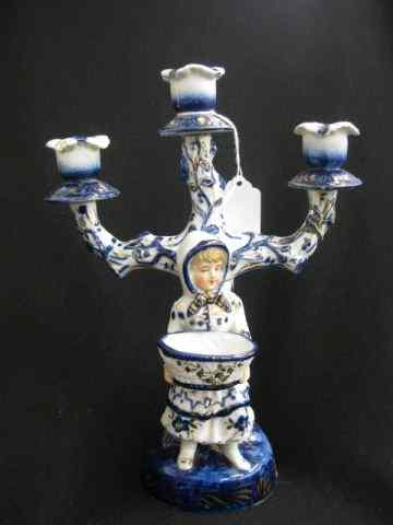 Appraisal: Blue White Porcelain Figural Candelabra girl with basket triple sconce