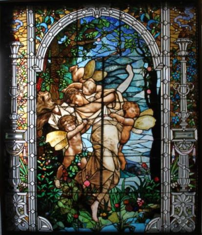 Appraisal: Outstanding Antique Leaded Window With reverse painting of cupids surrounding