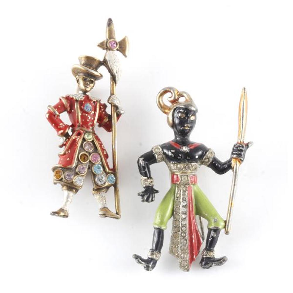 Appraisal: TWO UNSIGNED ENAMEL GUARD FIGURAL PINS ONE BROOCH WITH MULTICOLORED