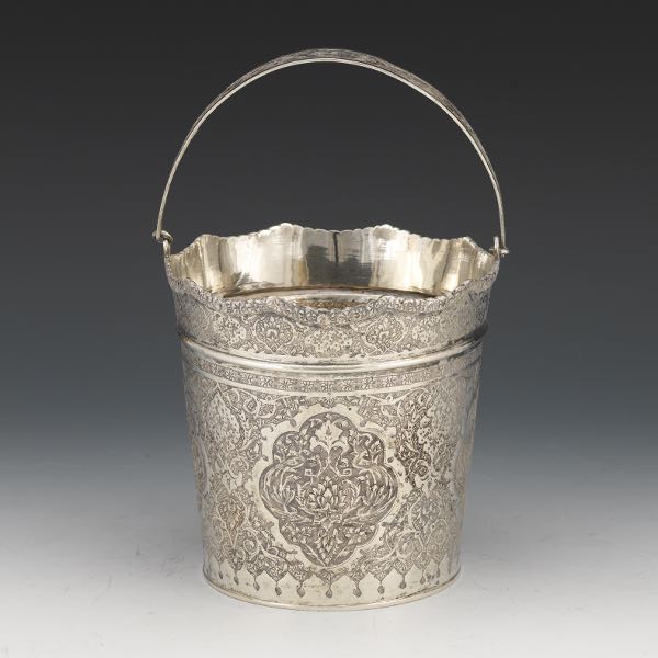 Appraisal: PERSIAN SILVER BASKET CA - x including handle Cylindrical elegant