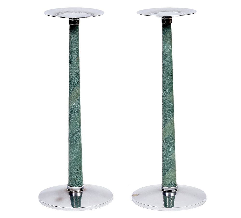 Appraisal: Pair of Shagreen Chrome Candle Holders Pair of tall blue