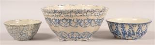 Appraisal: Three Stoneware Pottery Mixing Bowls Blue and White Sponge Decoration