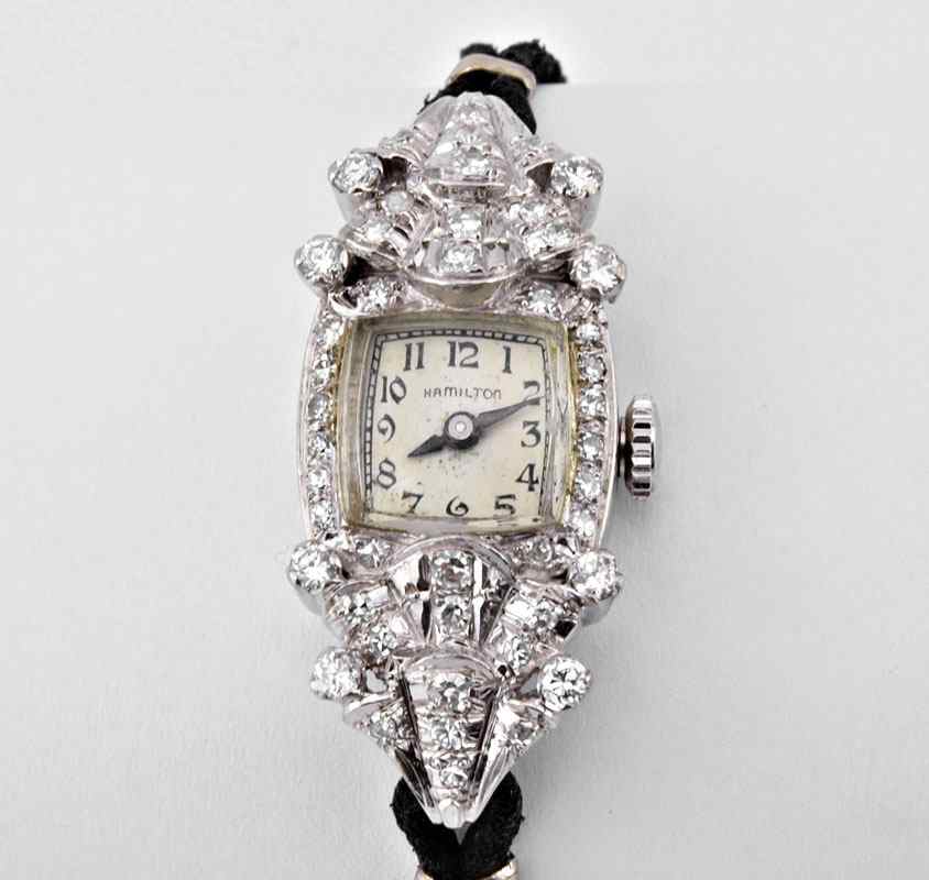 Appraisal: PLATINUM DIAMOND WRISTWATCH Platinum lady's Hamilton wristwatch contains round single