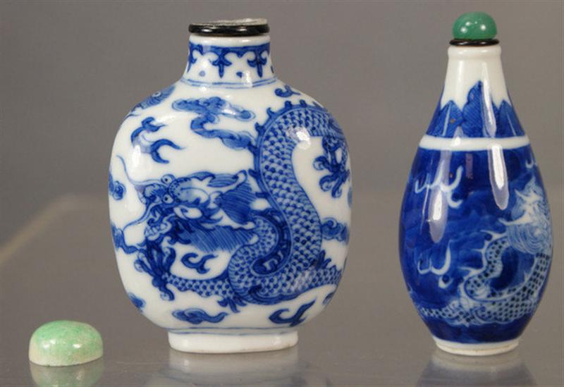 Appraisal: porcelain snuff bottles each with blue underglaze dragon seeking flaming