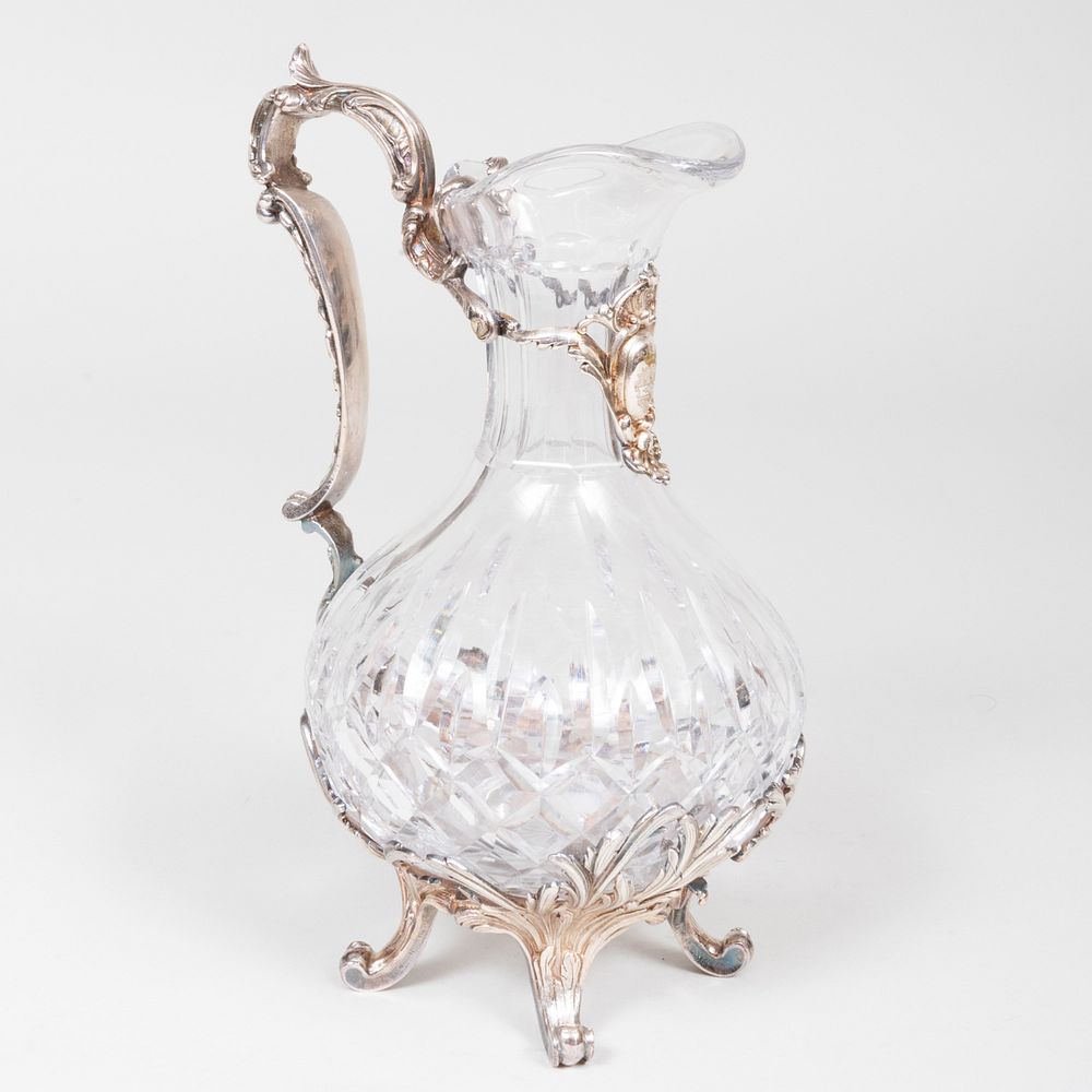 Appraisal: Continental Cut Glass Ewer with Silver Plate Overlay Engraved with