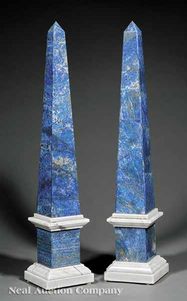 Appraisal: A Pair of Neoclassical-Style Lapis Lazuli and White Marble Obelisks