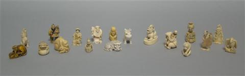 Appraisal: EIGHTEEN IVORY AND IVORINE NETSUKE Including a Chinese child on