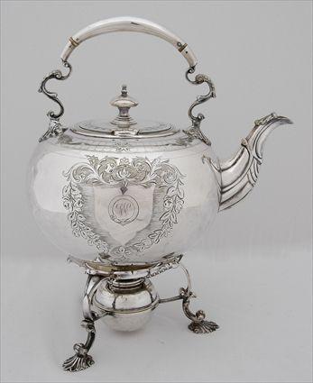 Appraisal: ENGLISH MONOGRAMMED SILVER-PLATED KETTLE ON WARMING STAND With pseudo marks