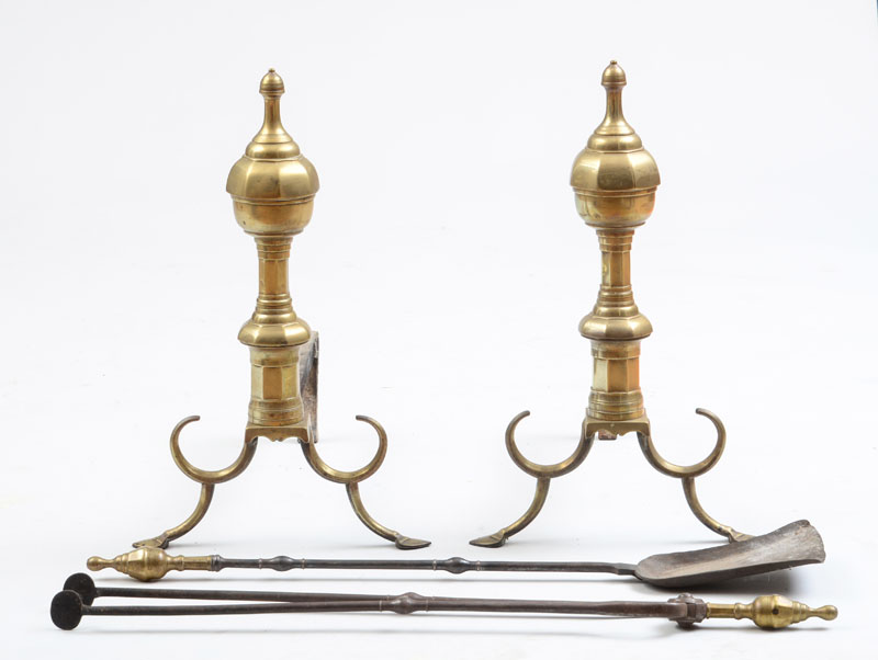 Appraisal: PAIR OF LARGE FEDERAL BRASS ANDIRONS WITH MATCHING SHOVEL AND