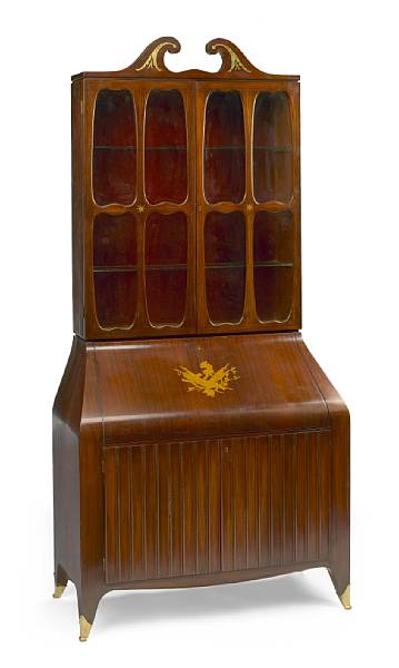 Appraisal: A Paolo Buffa rosewood satinwood and bronze two-part secretary Italy