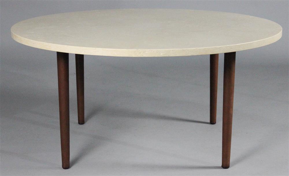 Appraisal: CUSTOM TRAVERTINE TOPPED ROUND TABLE WITH BROWN LEATHER WRAPPED LEGS