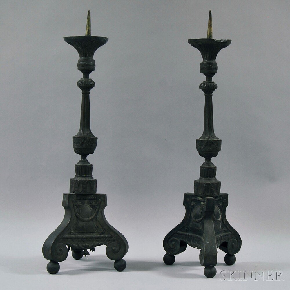 Appraisal: Pair of Continental Spelter Pricket Candlesticks th century body with