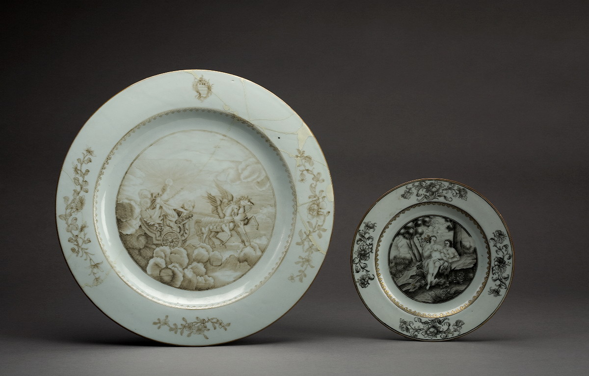 Appraisal: CHINESE EXPORT PORCELAIN MYTHOLOGICAL PLATE CIRCA Painted en grisaille and