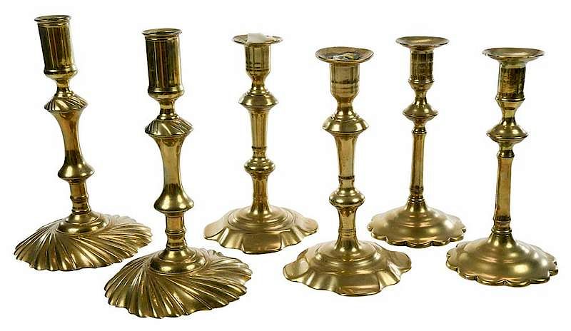 Appraisal: Three Pairs Early Brass Candlesticks British including fine mid- th