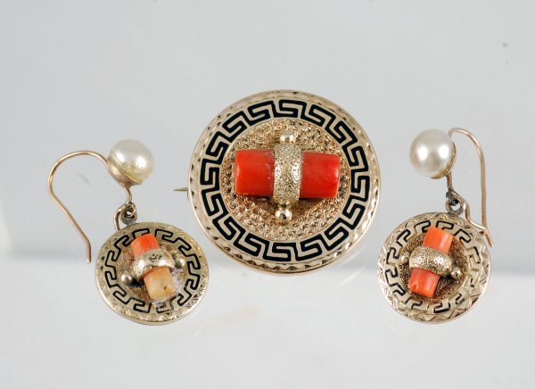 Appraisal: Three piece set including pin and earrings Coral with enameled