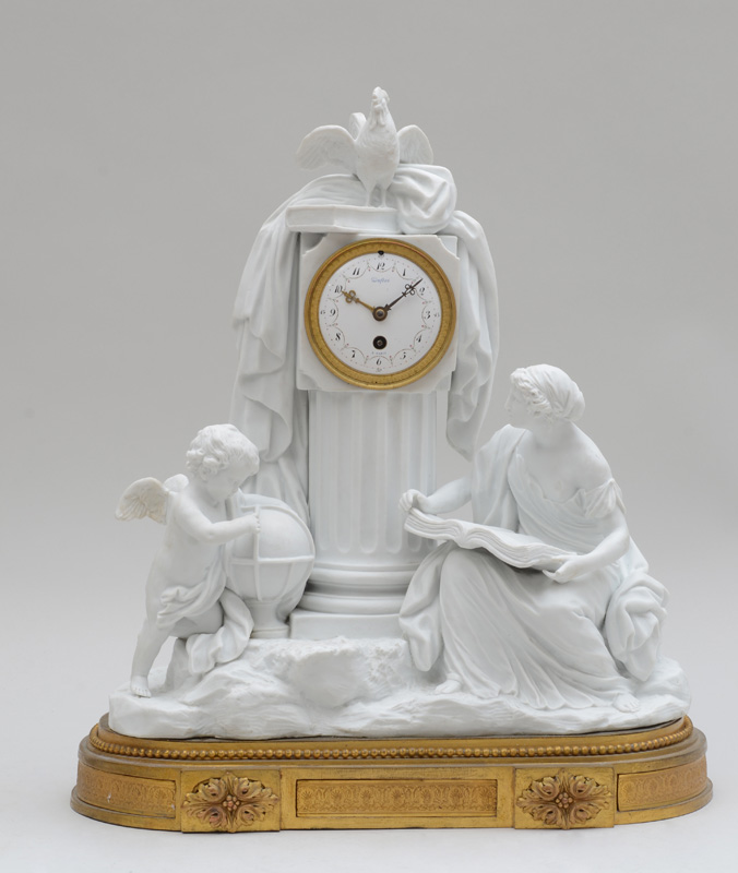 Appraisal: LOUIS XVI STYLE BISQUE PORCELAIN FIGURAL CLOCK Modeled with seated