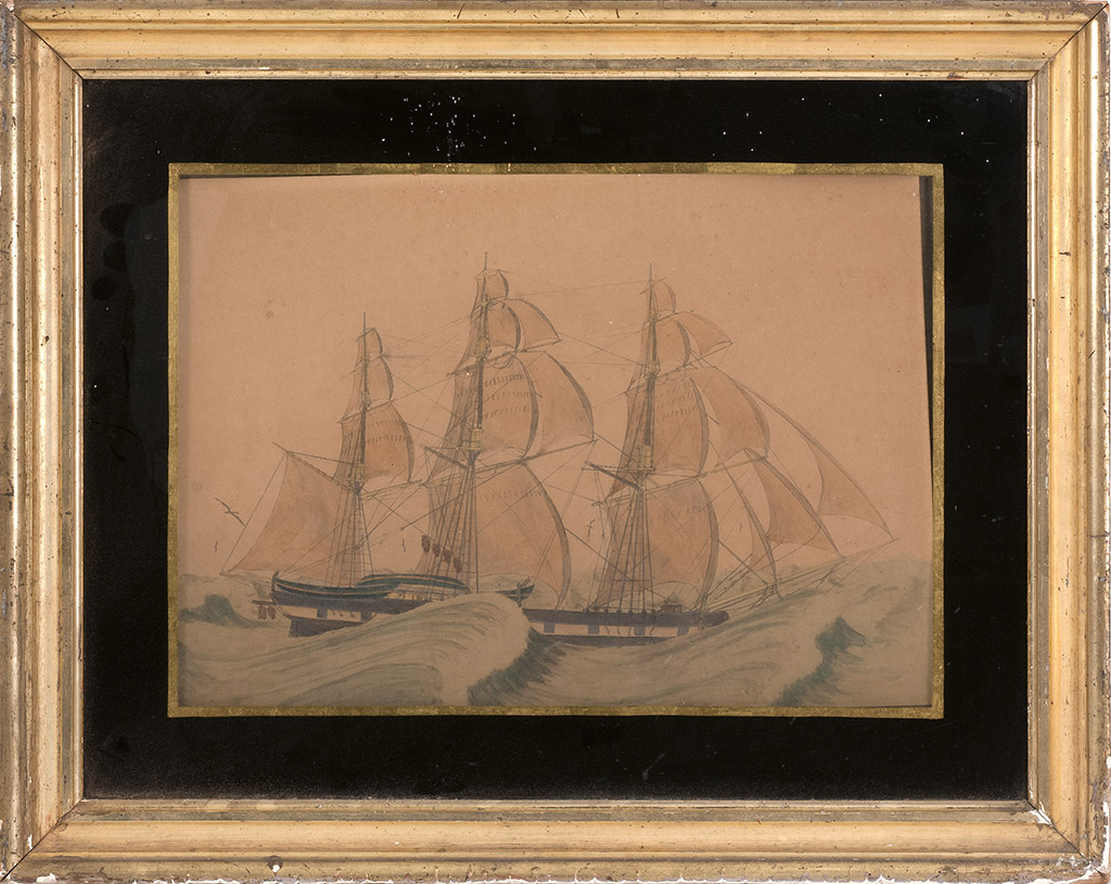 Appraisal: FRAMED WATERCOLOR th CenturyThree-masted ship in rolling waves Unsigned Reverse-painted