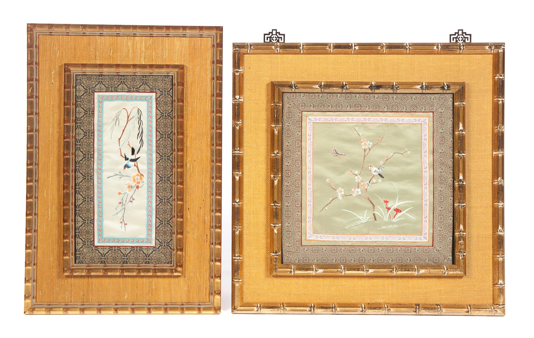 Appraisal: TWO FRAMED SILK PANELS Asian Square panel with birds and