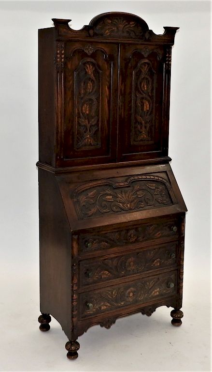 Appraisal: English Tudor Style Carved Oak Secretary United States th Century