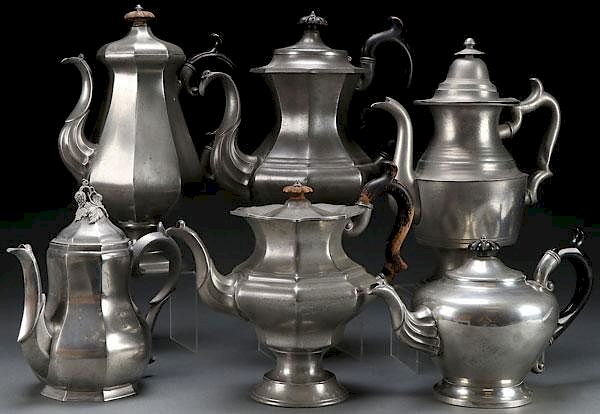 Appraisal: A GROUP OF SIX AMERICAN PEWTER COFFEE AND TEAPOTS A