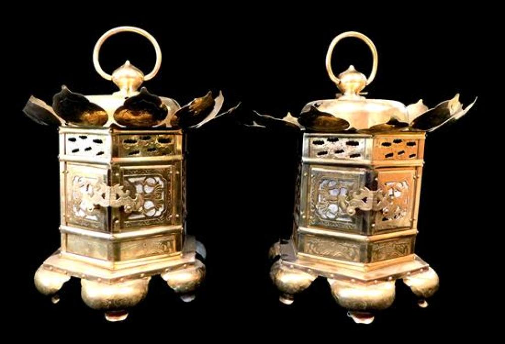 Appraisal: ASIAN Pair of brass lanterns Japanese late th th C