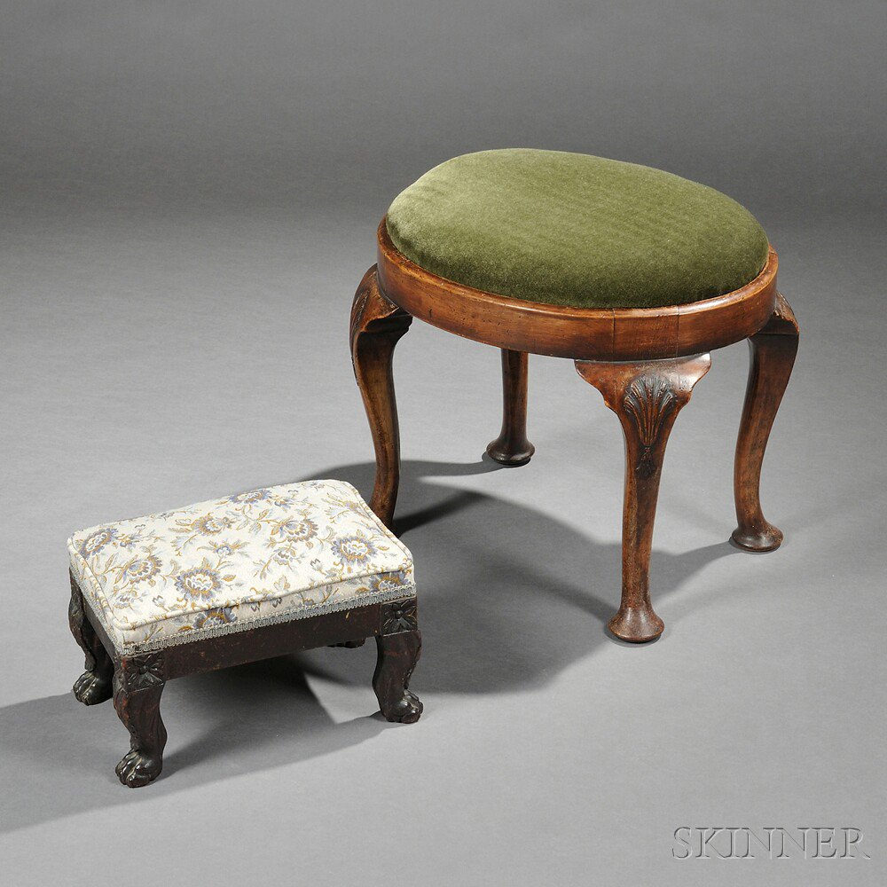 Appraisal: Two Carved and Upholstered Stools a Queen Anne-style walnut stool