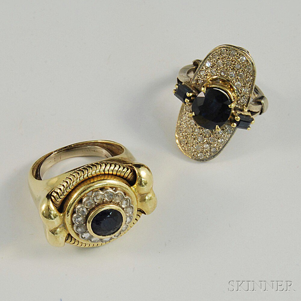 Appraisal: Two kt Gold Sapphire and Diamond Cocktail Rings sizes and