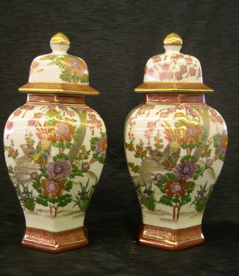 Appraisal: Pair of Japanese Paneled Hexagonal Arita Porcelain Covered Vases second